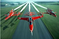 The red arrows in close formation flying down the runway at RAF Kemble.