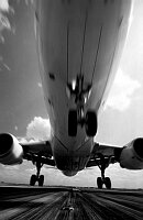 Black and white shot of Airbus A320 landing at Toulouse.